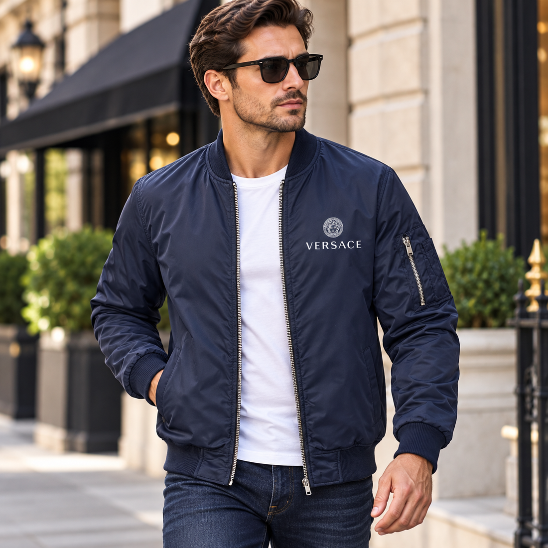 Men's Versace Lightweight Bomber Jacket Windbreaker Softshell Varsity Jacket Coat | Color: Navy | Image 3