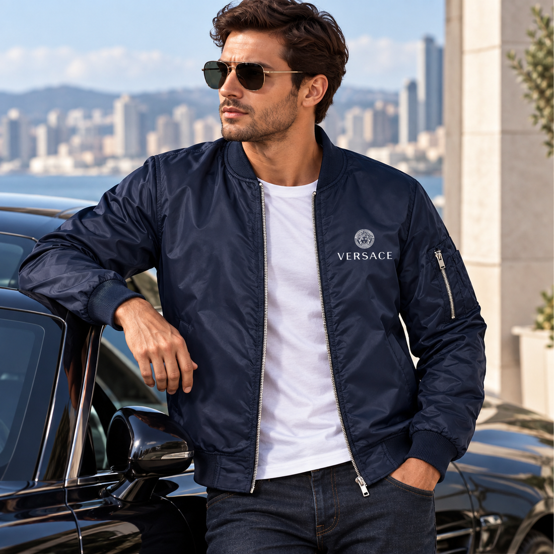 Men's Versace Lightweight Bomber Jacket Windbreaker Softshell Varsity Jacket Coat | Color: Navy | Image 4