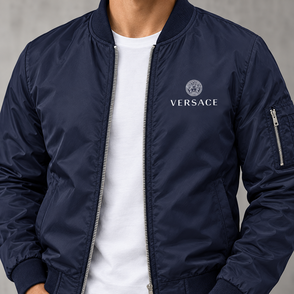 Men's Versace Lightweight Bomber Jacket Windbreaker Softshell Varsity Jacket Coat | Color: Navy | Image 5