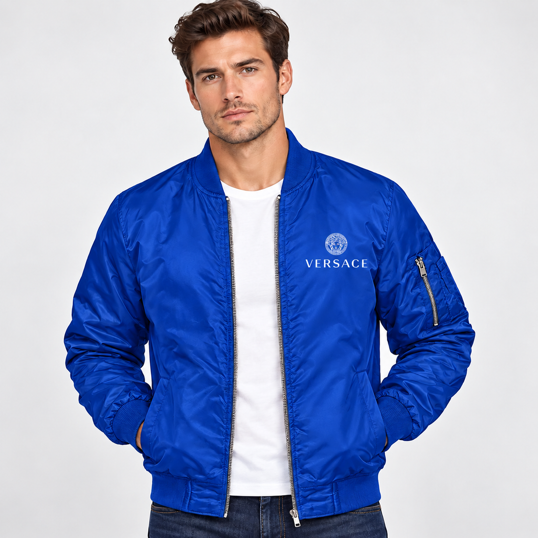 Men's Versace Lightweight Bomber Jacket Windbreaker Softshell Varsity Jacket Coat | Color: Royal Blue | Image 2