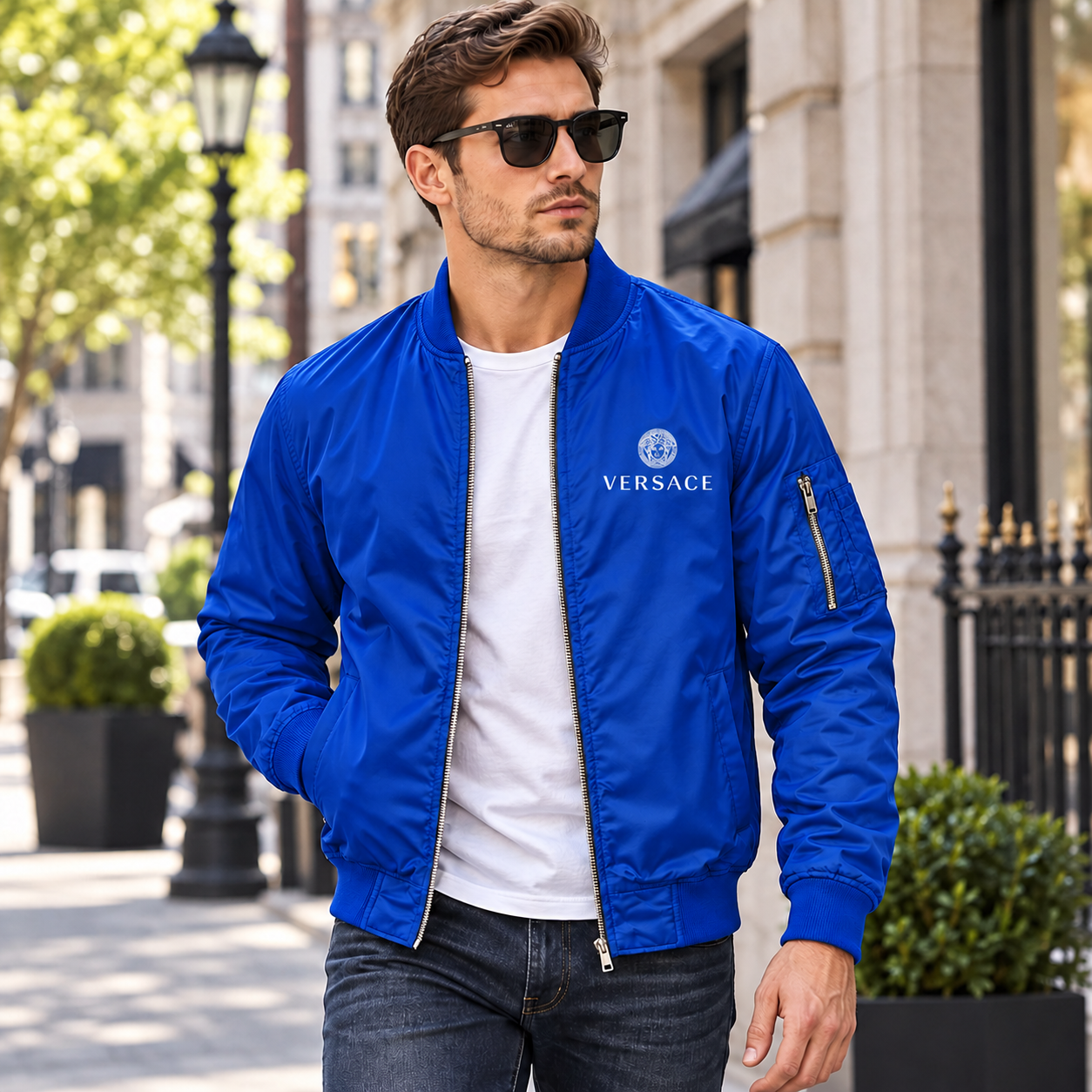 Men's Versace Lightweight Bomber Jacket Windbreaker Softshell Varsity Jacket Coat | Color: Royal Blue | Image 3