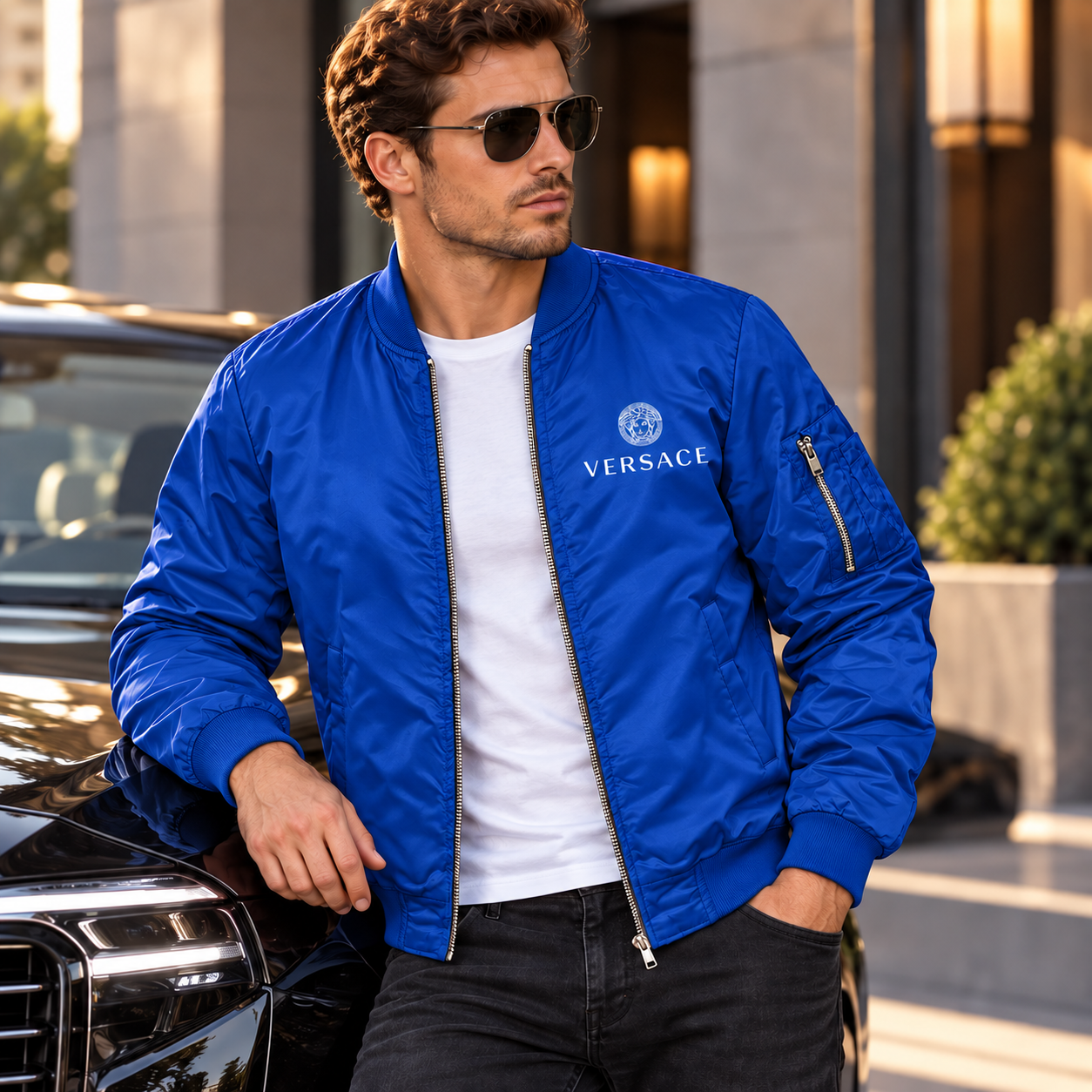 Men's Versace Lightweight Bomber Jacket Windbreaker Softshell Varsity Jacket Coat | Color: Royal Blue | Image 4
