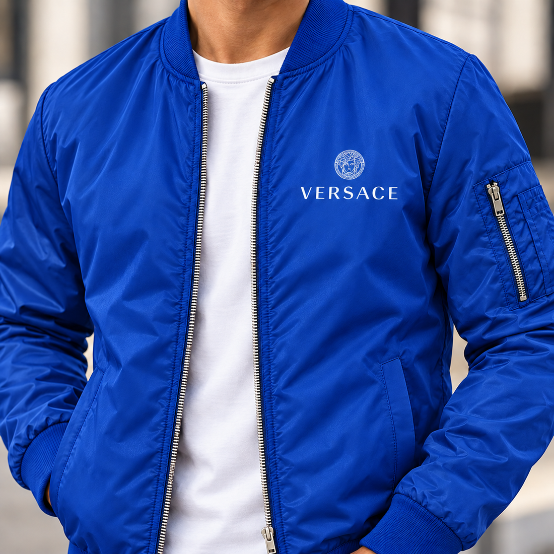 Men's Versace Lightweight Bomber Jacket Windbreaker Softshell Varsity Jacket Coat | Color: Royal Blue | Image 5