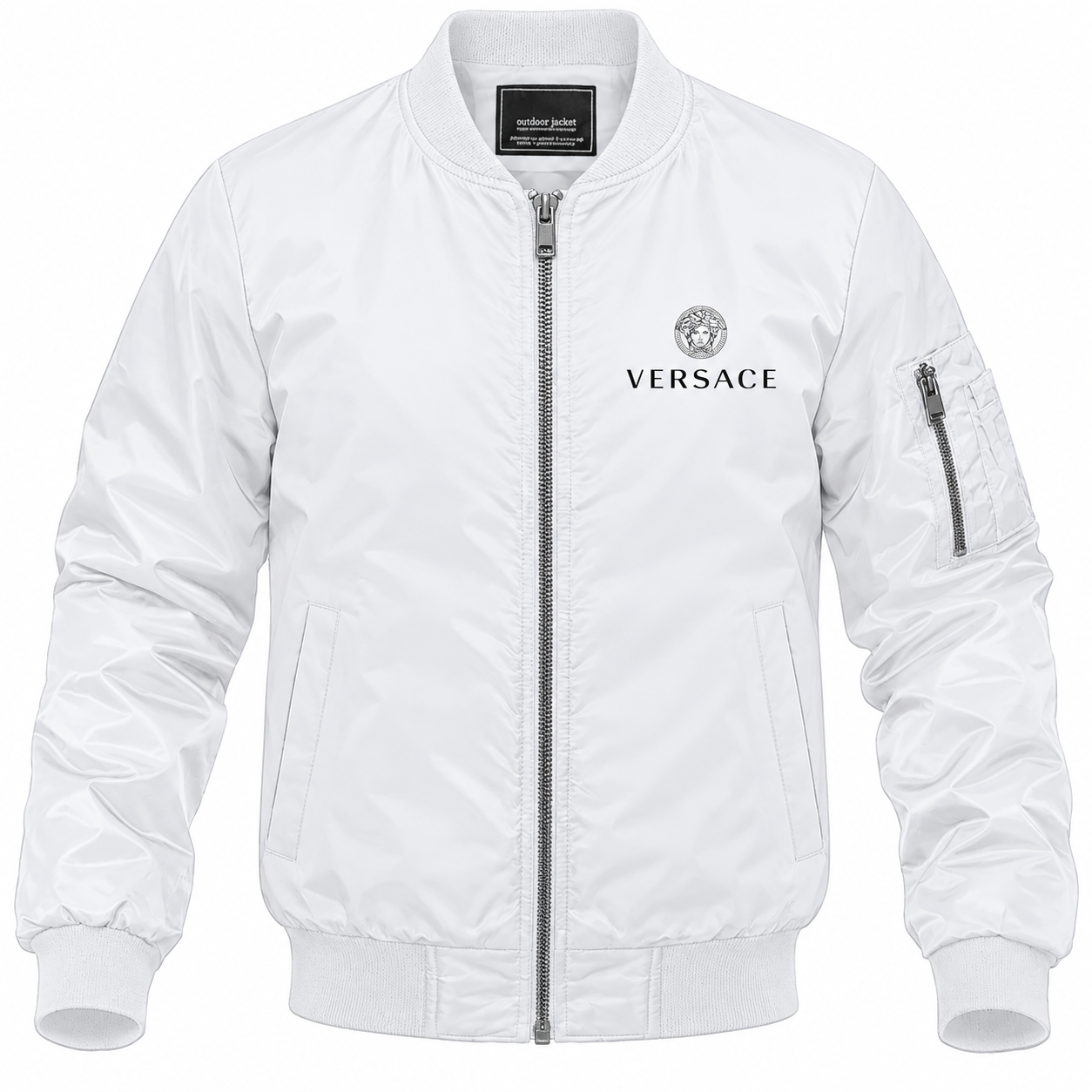 Men's Versace Lightweight Bomber Jacket Windbreaker Softshell Varsity Jacket Coat | Color: White | Image 1