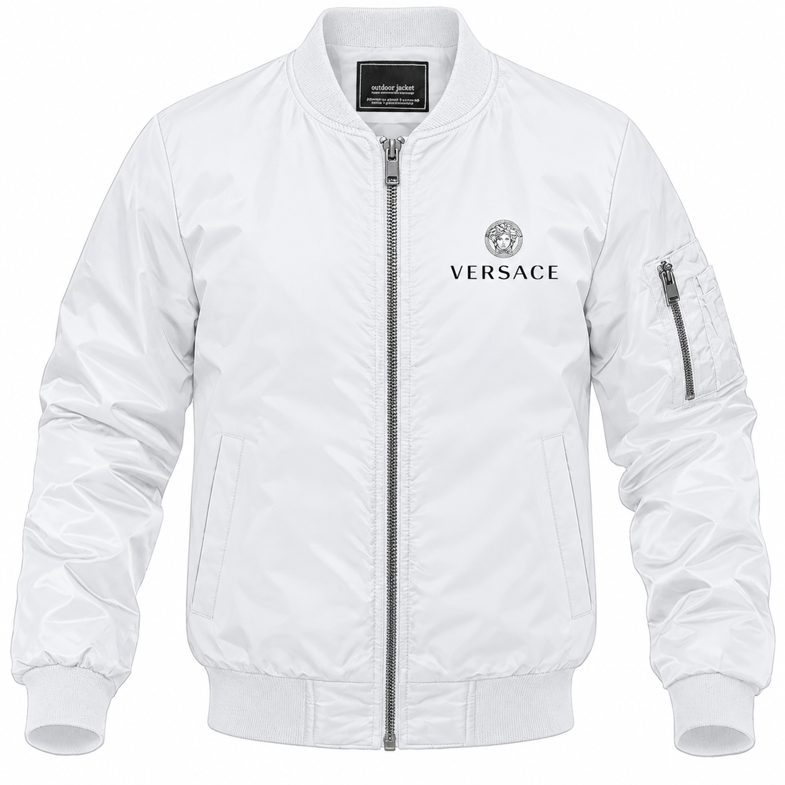Men's Versace Lightweight Bomber Jacket Windbreaker Softshell Varsity Jacket Coat | Color: White | Image 1