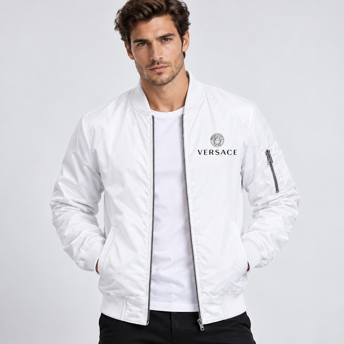 Men's Versace Lightweight Bomber Jacket Windbreaker Softshell Varsity Jacket Coat | Color: White | Image 2