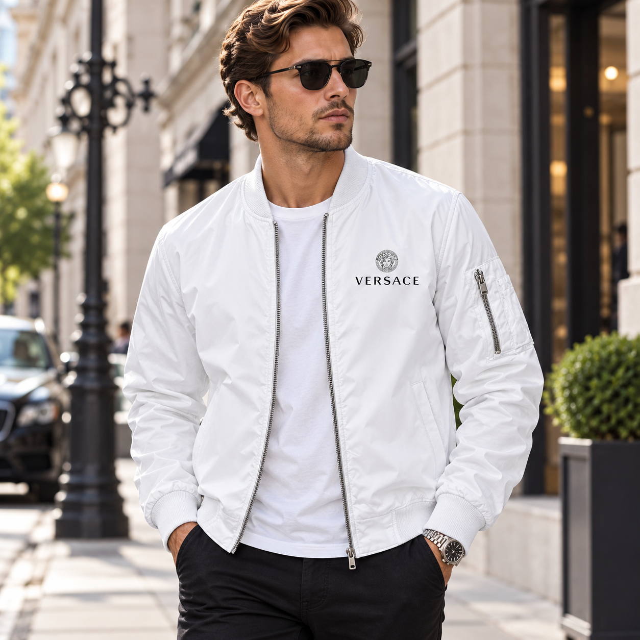 Men's Versace Lightweight Bomber Jacket Windbreaker Softshell Varsity Jacket Coat | Color: White | Image 3