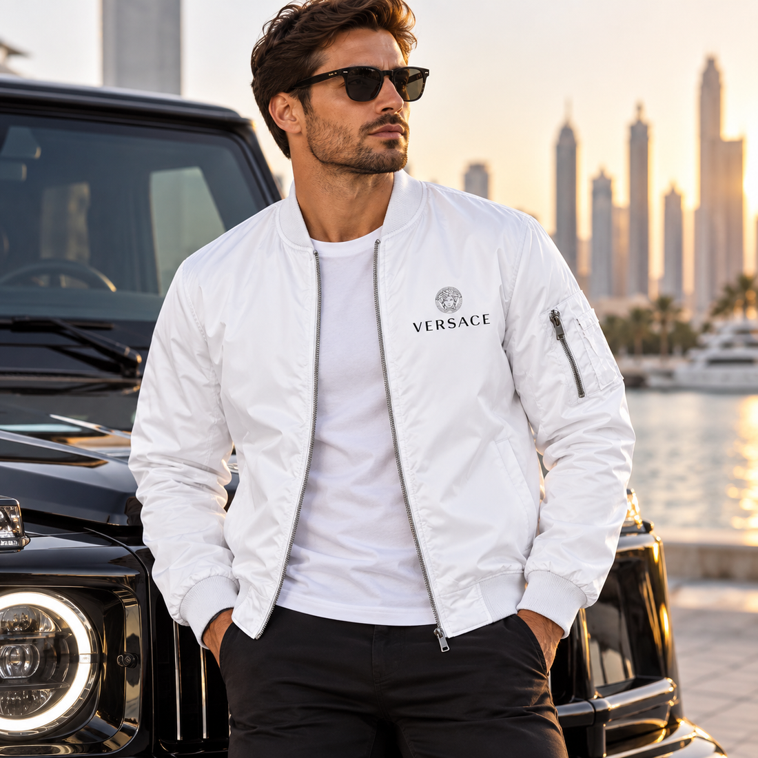 Men's Versace Lightweight Bomber Jacket Windbreaker Softshell Varsity Jacket Coat | Color: White | Image 4