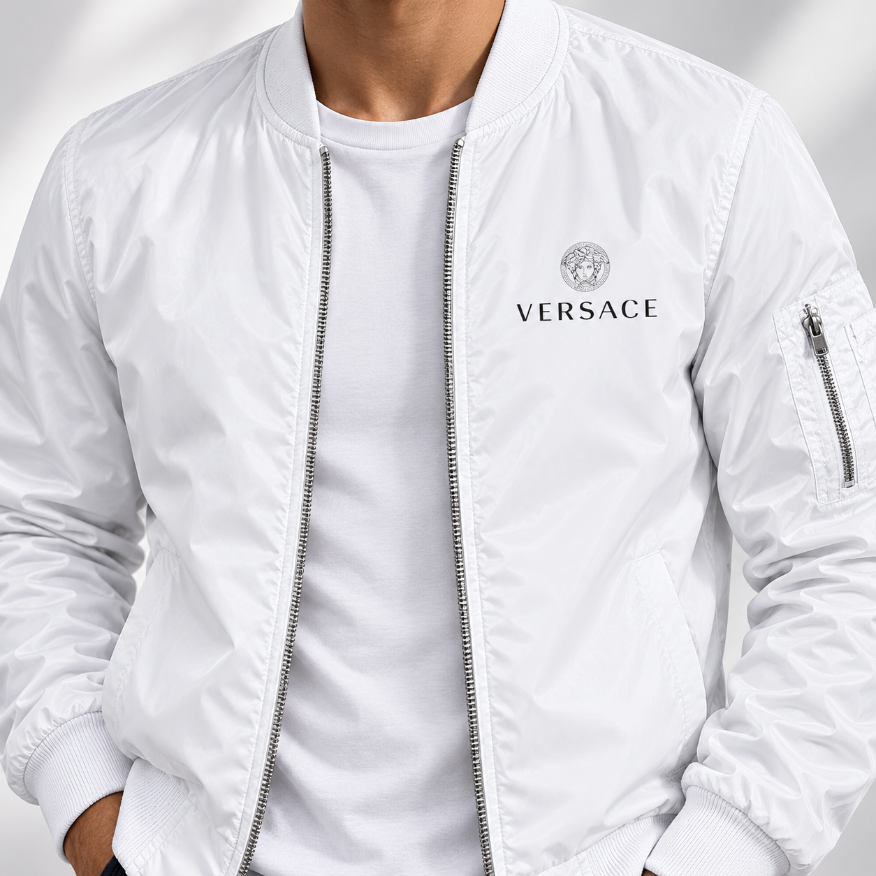 Men's Versace Lightweight Bomber Jacket Windbreaker Softshell Varsity Jacket Coat | Color: White | Image 5