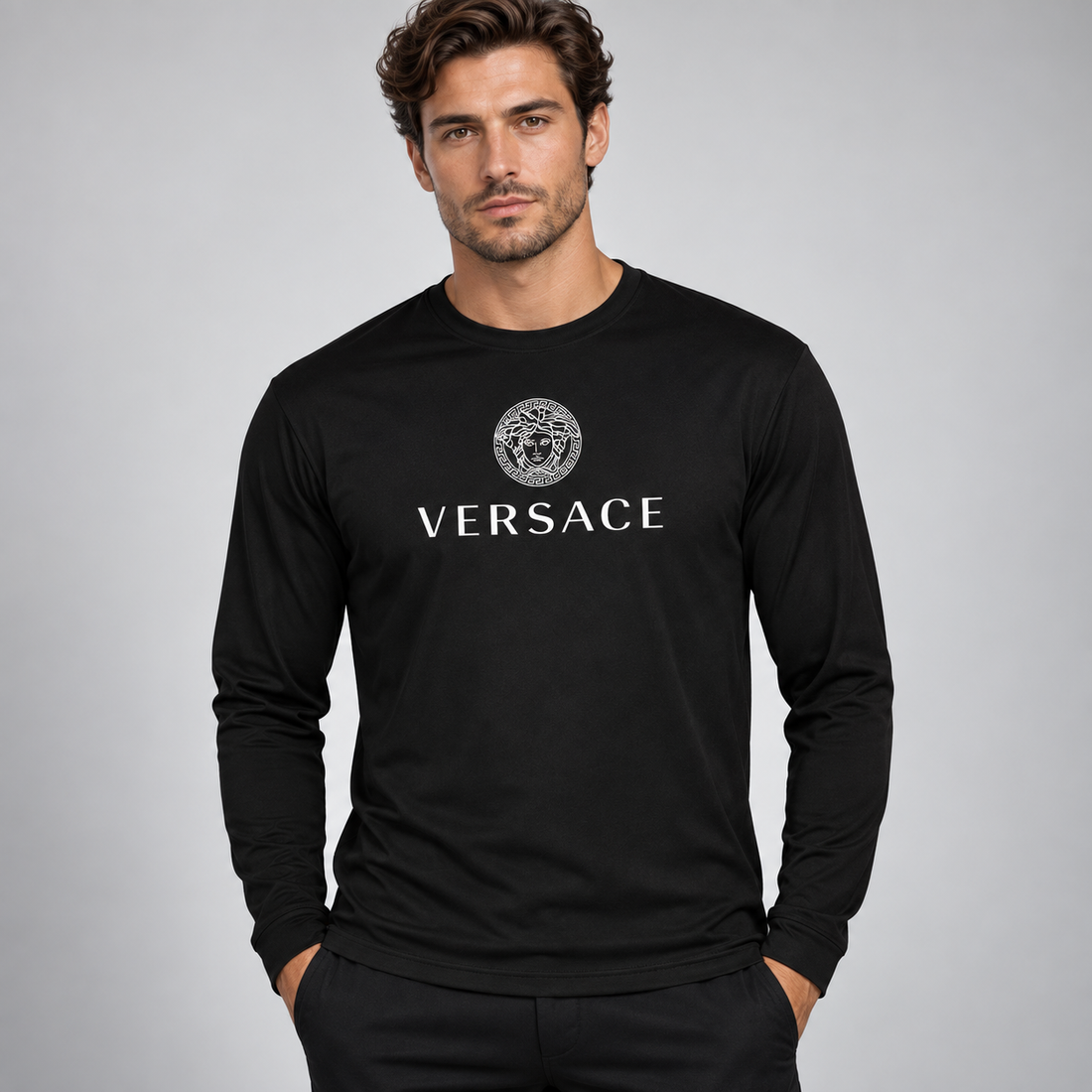Men's Versace Polyester Long Sleeve T-Shirt | Color: Black | Image 2