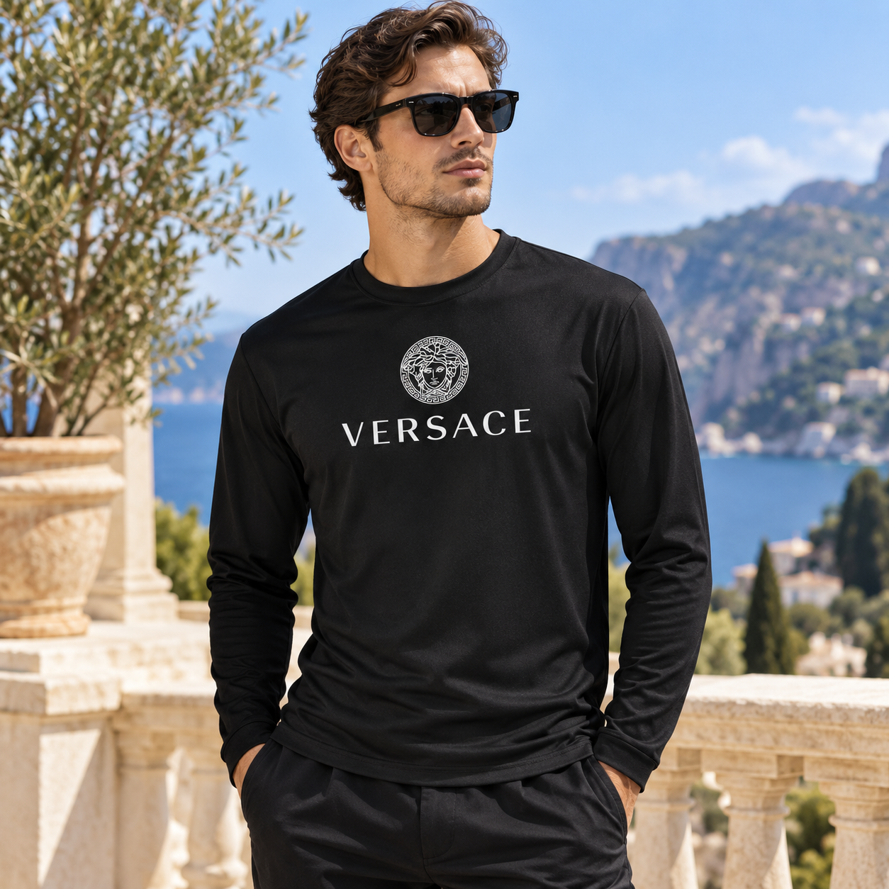 Men's Versace Polyester Long Sleeve T-Shirt | Color: Black | Image 3