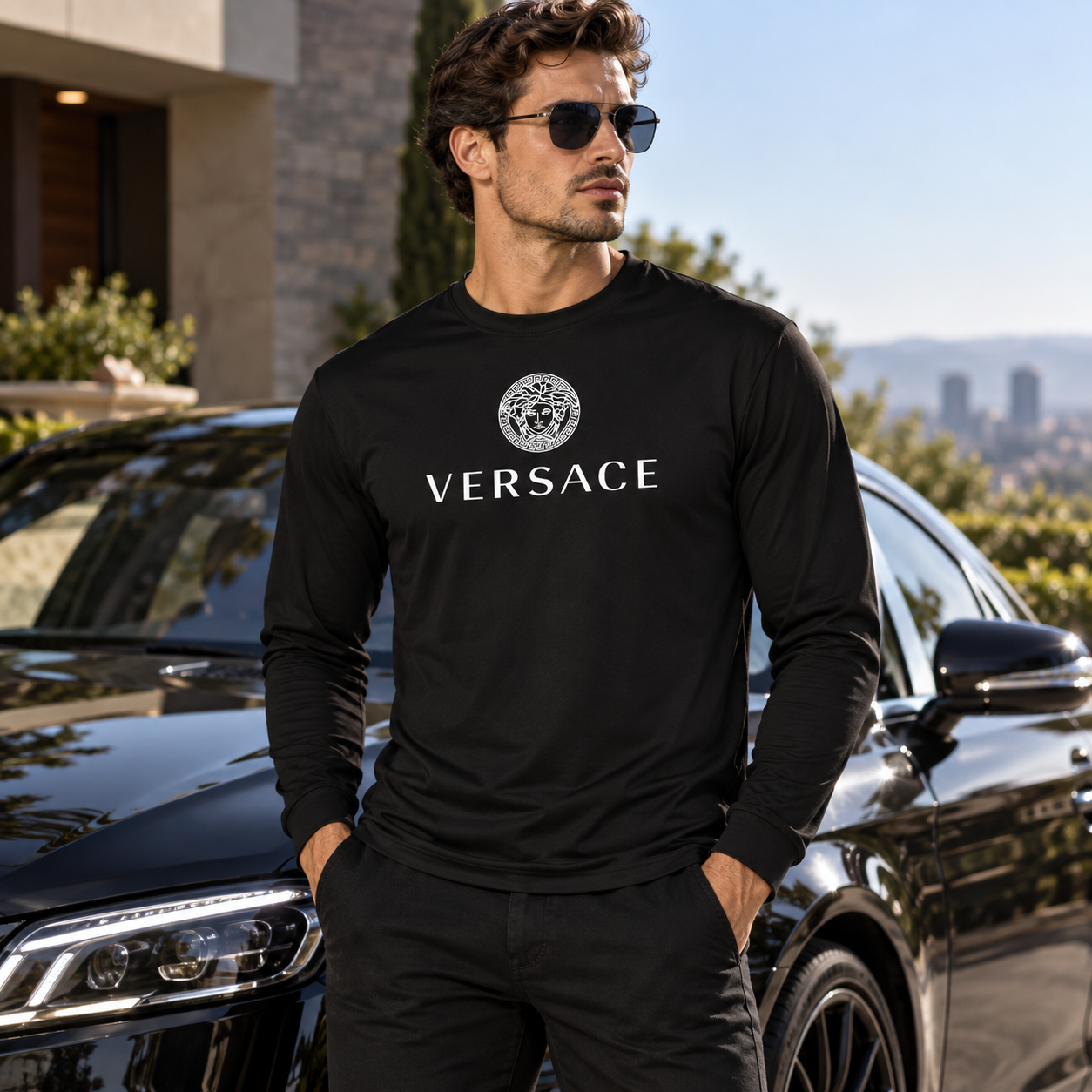 Men's Versace Polyester Long Sleeve T-Shirt | Color: Black | Image 4