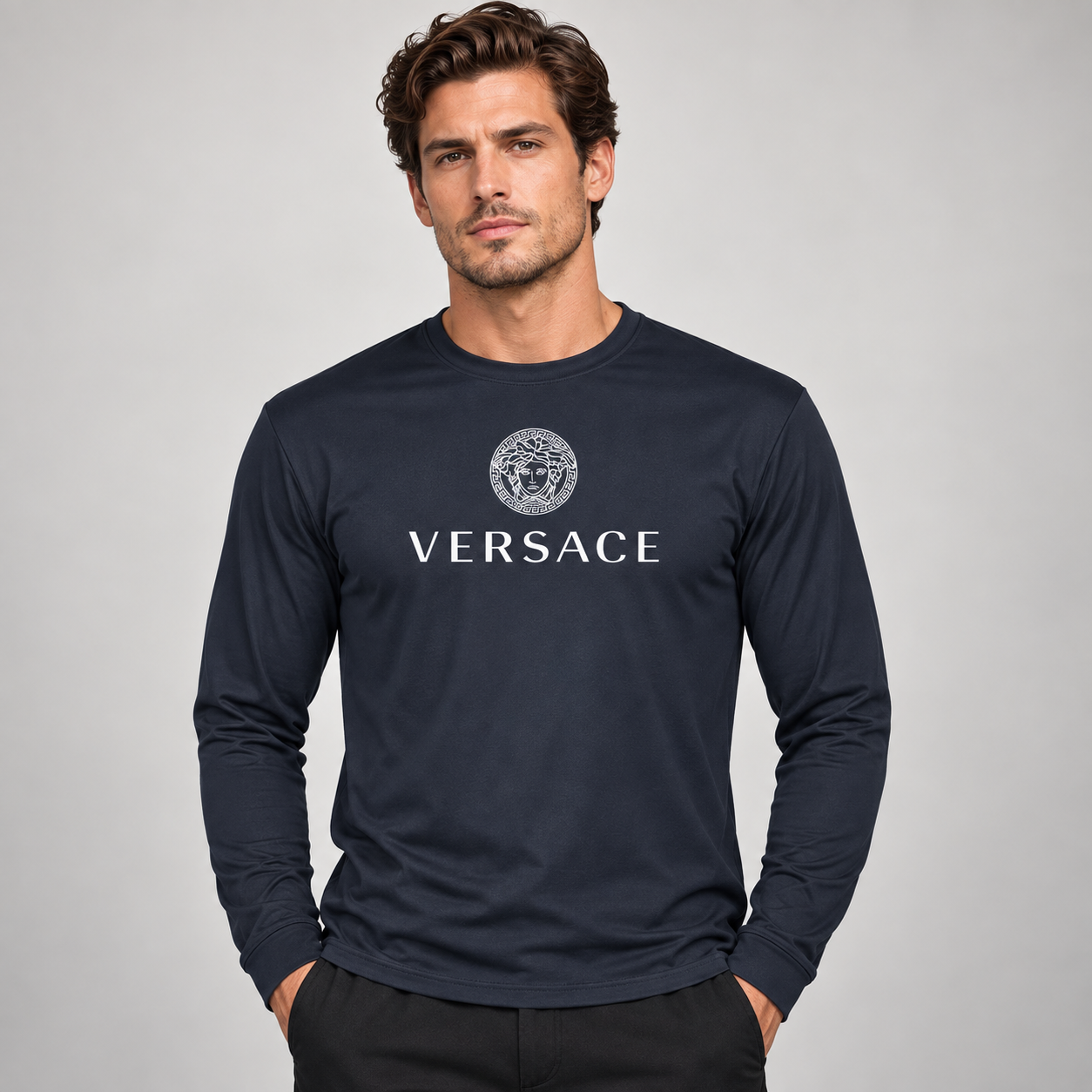 Men's Versace Polyester Long Sleeve T-Shirt | Color: Navy | Image 2