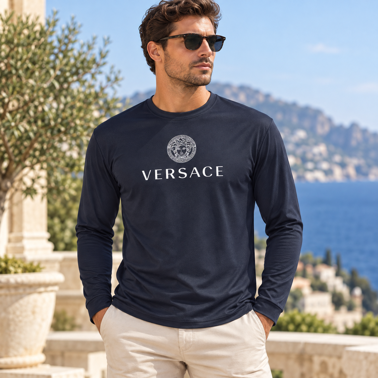 Men's Versace Polyester Long Sleeve T-Shirt | Color: Navy | Image 3