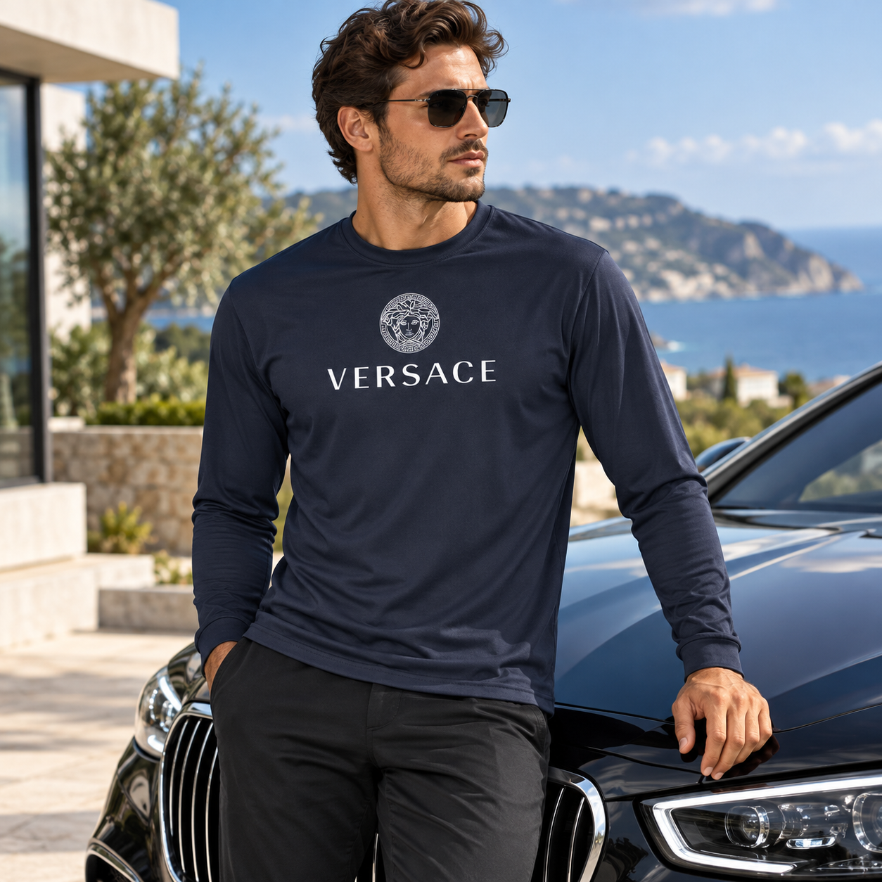 Men's Versace Polyester Long Sleeve T-Shirt | Color: Navy | Image 4