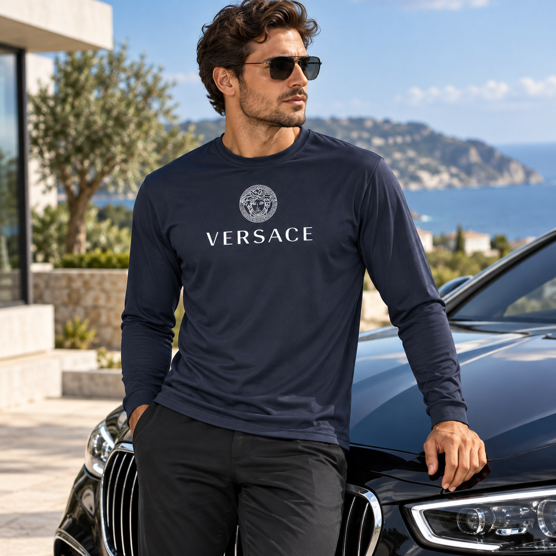 Men's Versace Polyester Long Sleeve T-Shirt | Color: Navy | Image 4