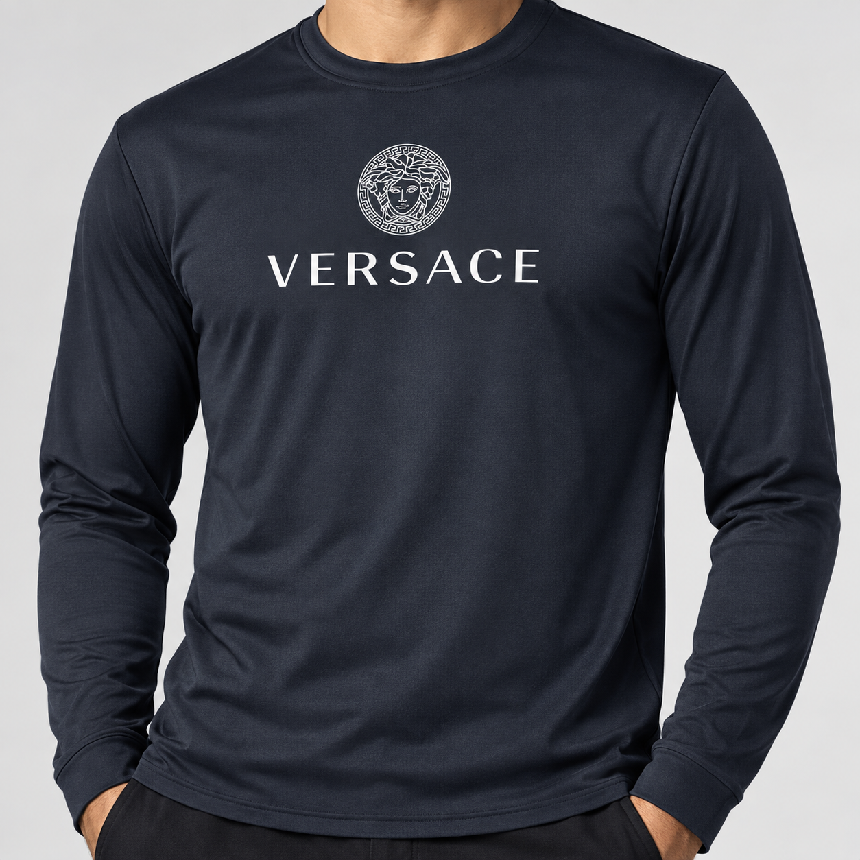 Men's Versace Polyester Long Sleeve T-Shirt | Color: Navy | Image 5
