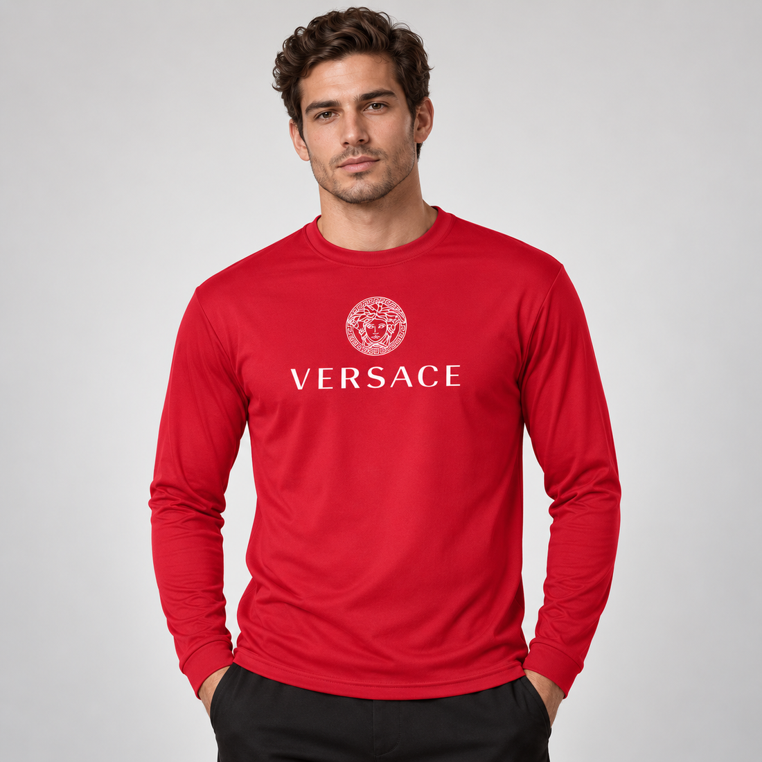 Men's Versace Polyester Long Sleeve T-Shirt | Color: Red | Image 2