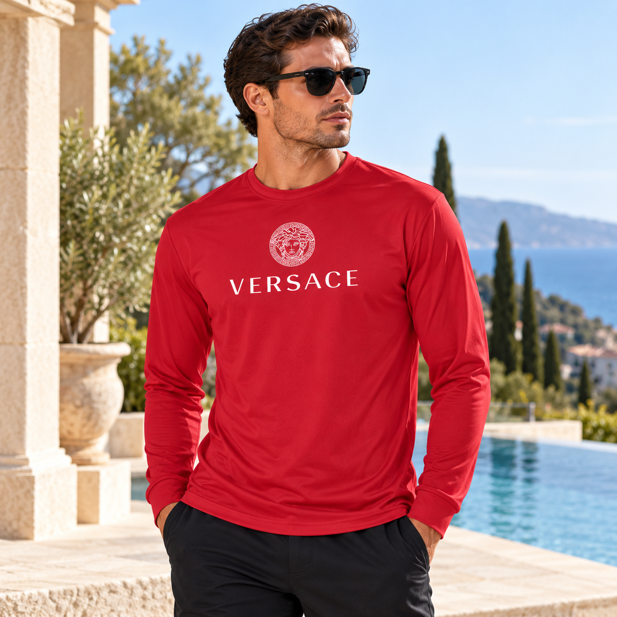 Men's Versace Polyester Long Sleeve T-Shirt | Color: Red | Image 3