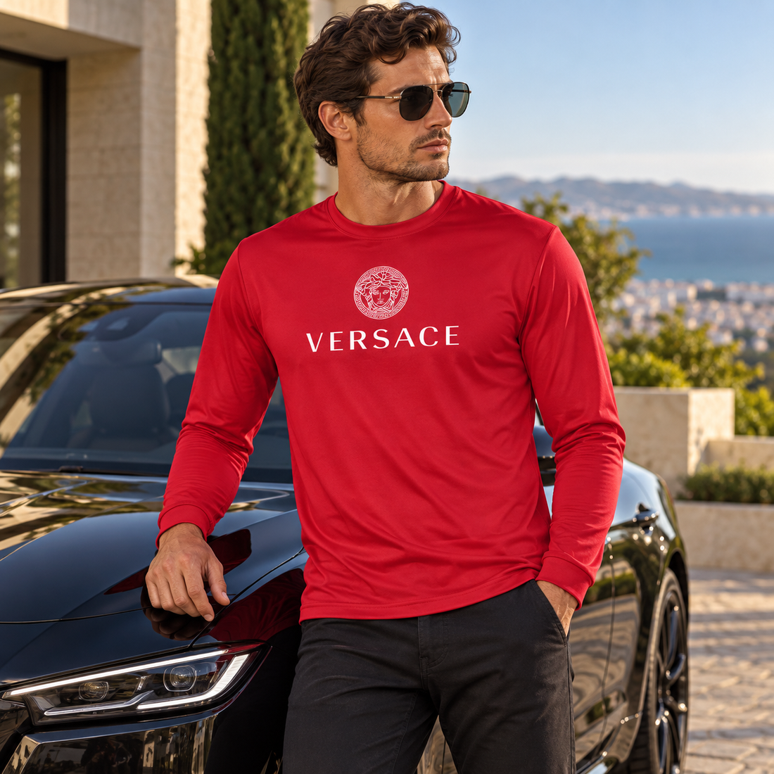 Men's Versace Polyester Long Sleeve T-Shirt | Color: Red | Image 4