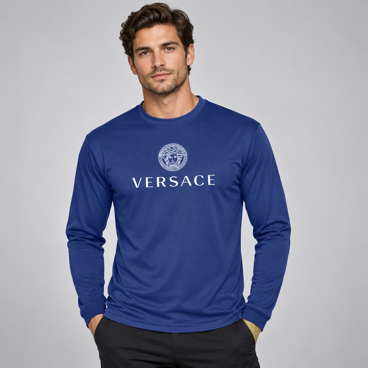 Men's Versace Polyester Long Sleeve T-Shirt | Color: Royal Blue | Image 2