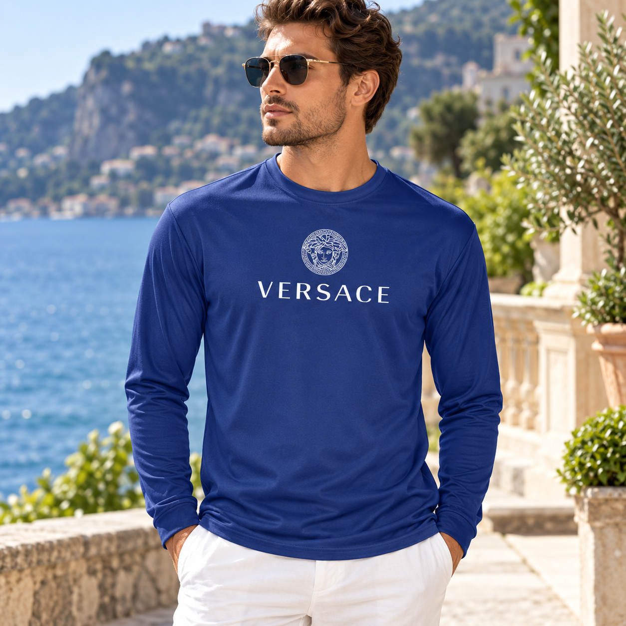 Men's Versace Polyester Long Sleeve T-Shirt | Color: Royal Blue | Image 3