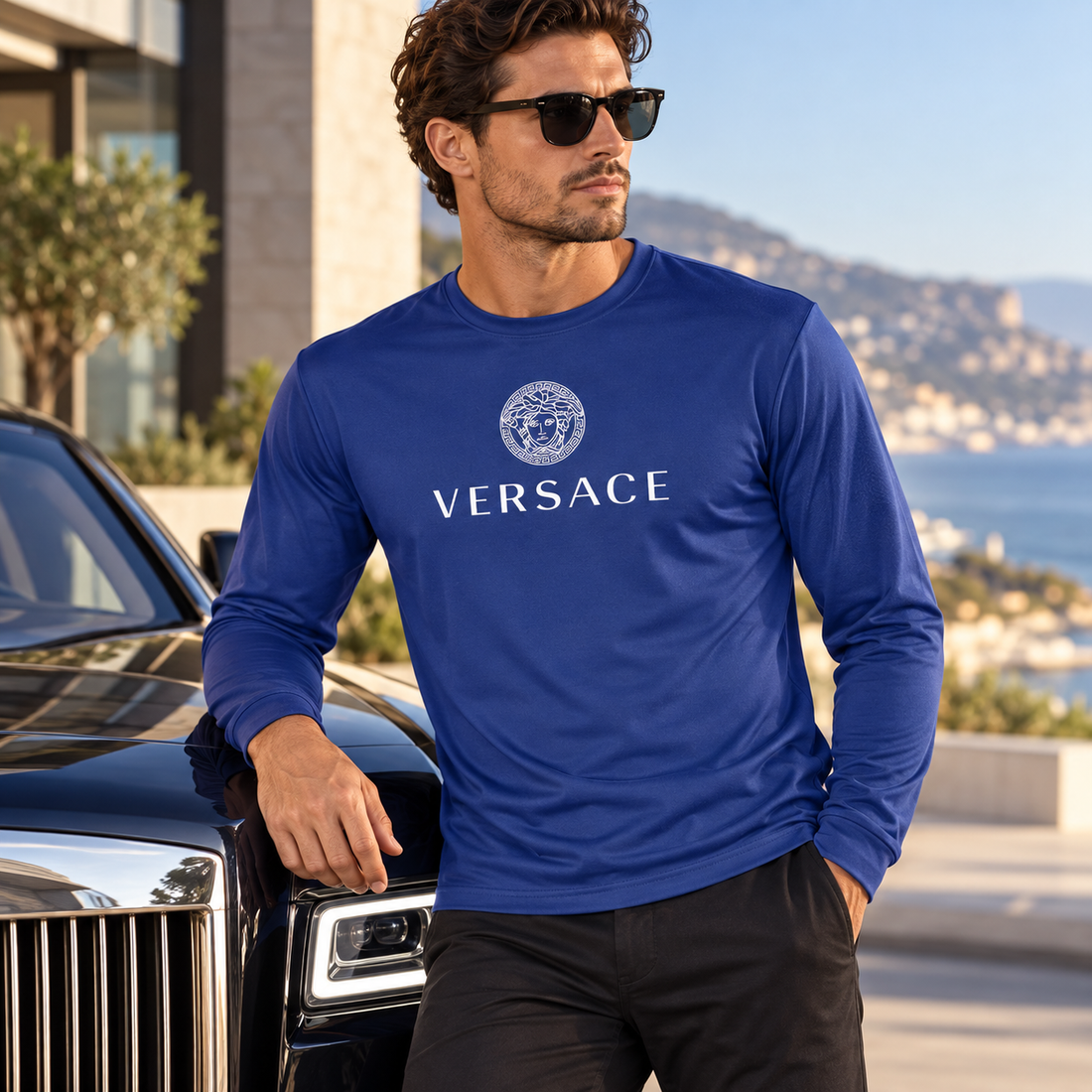 Men's Versace Polyester Long Sleeve T-Shirt | Color: Royal Blue | Image 4