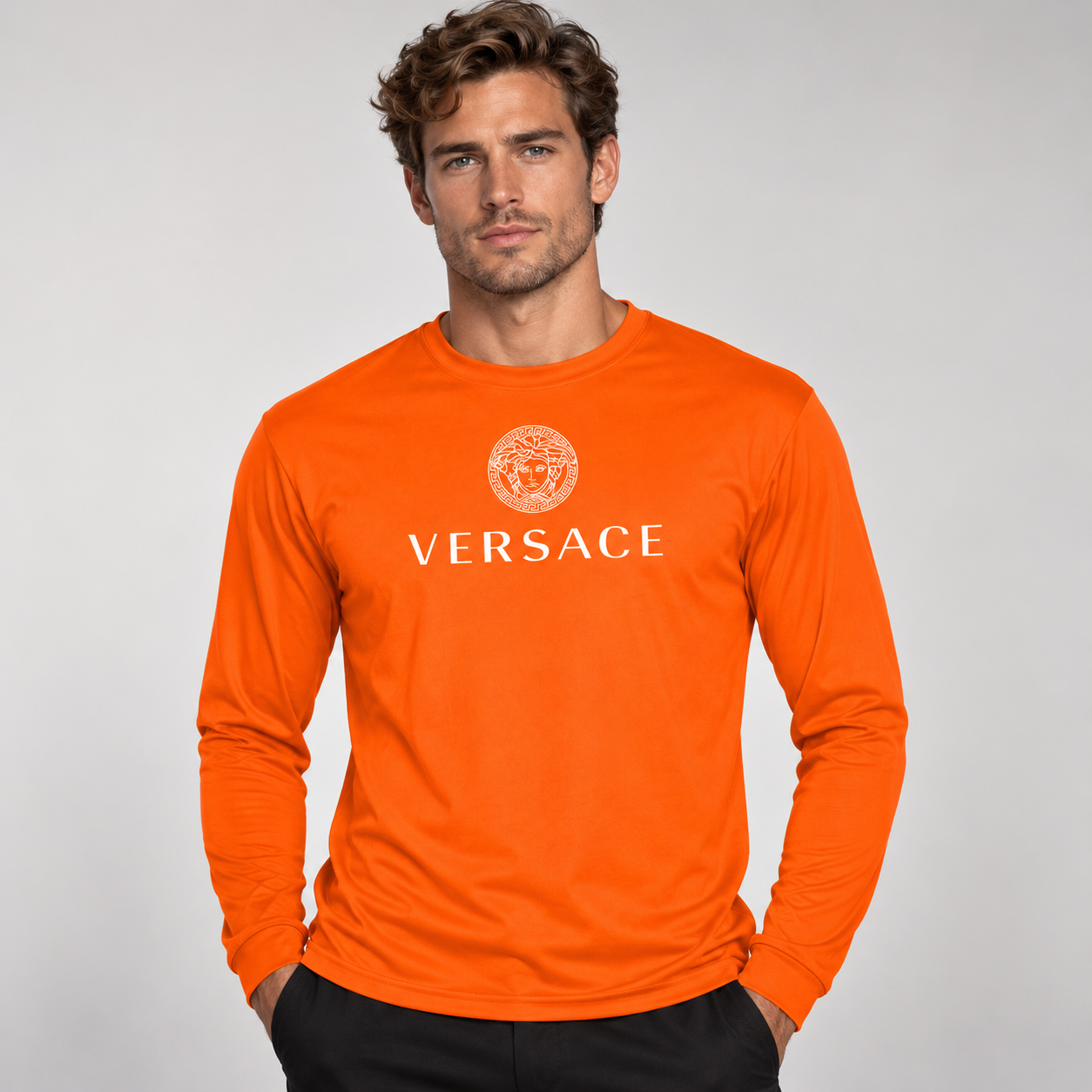 Men's Versace Polyester Long Sleeve T-Shirt | Color: Safety Orange | Image 2