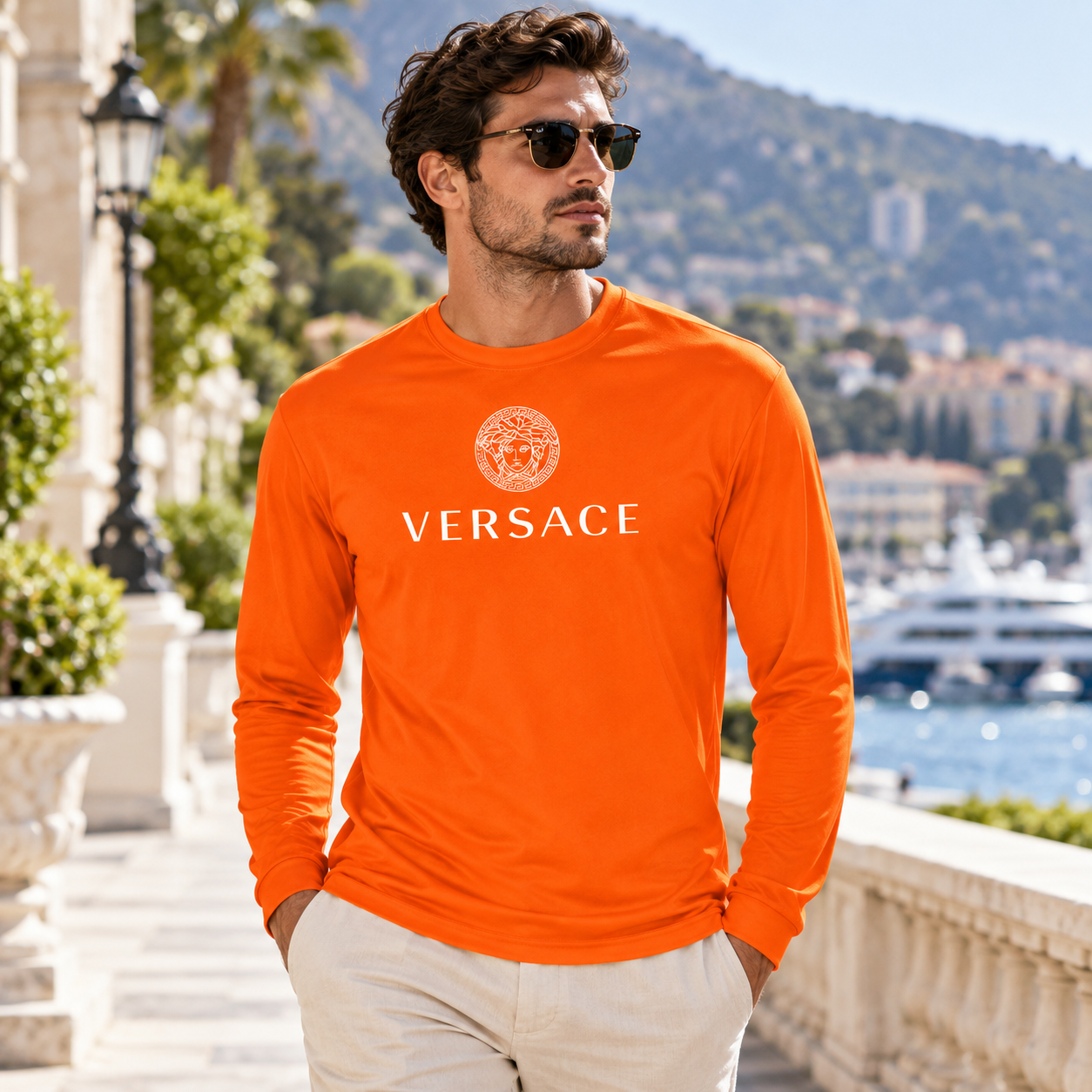 Men's Versace Polyester Long Sleeve T-Shirt | Color: Safety Orange | Image 3