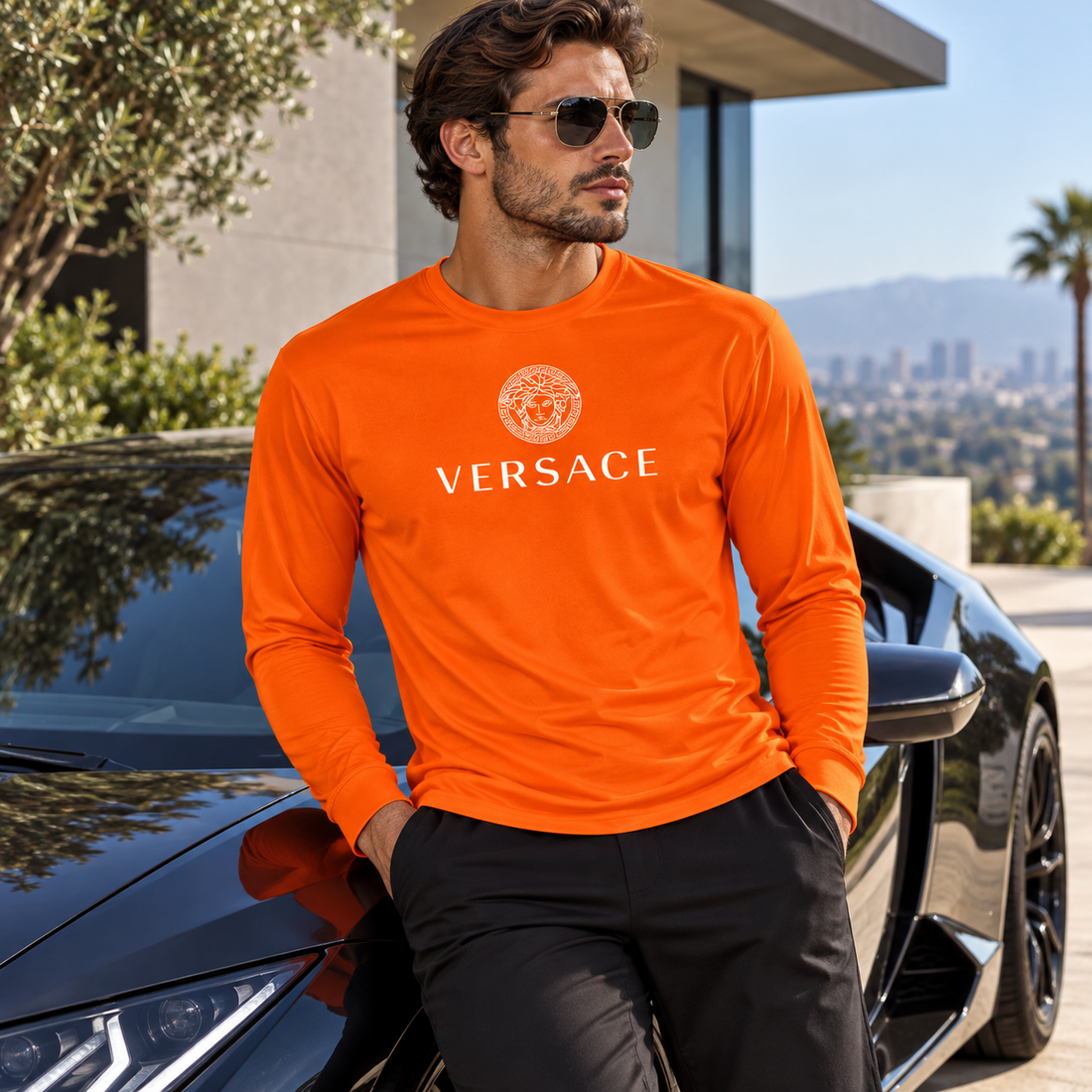 Men's Versace Polyester Long Sleeve T-Shirt | Color: Safety Orange | Image 4