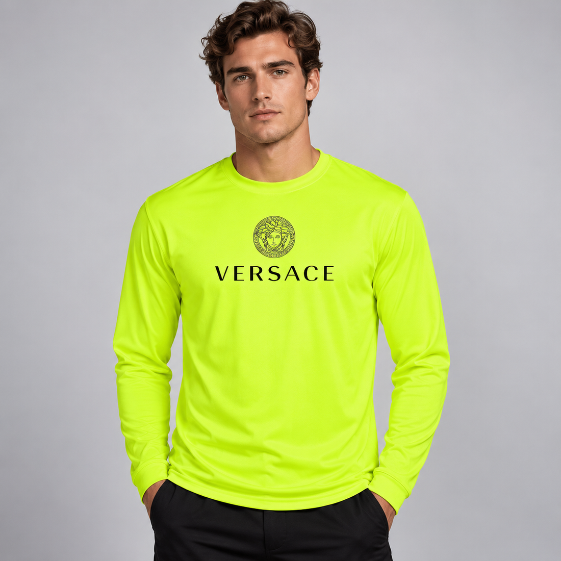 Men's Versace Polyester Long Sleeve T-Shirt | Color: Safety Yellow | Image 2