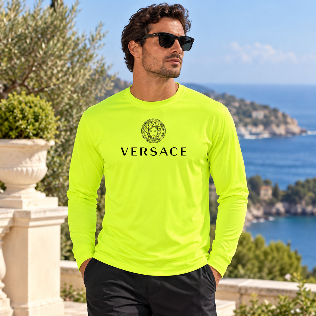 Men's Versace Polyester Long Sleeve T-Shirt | Color: Safety Yellow | Image 3