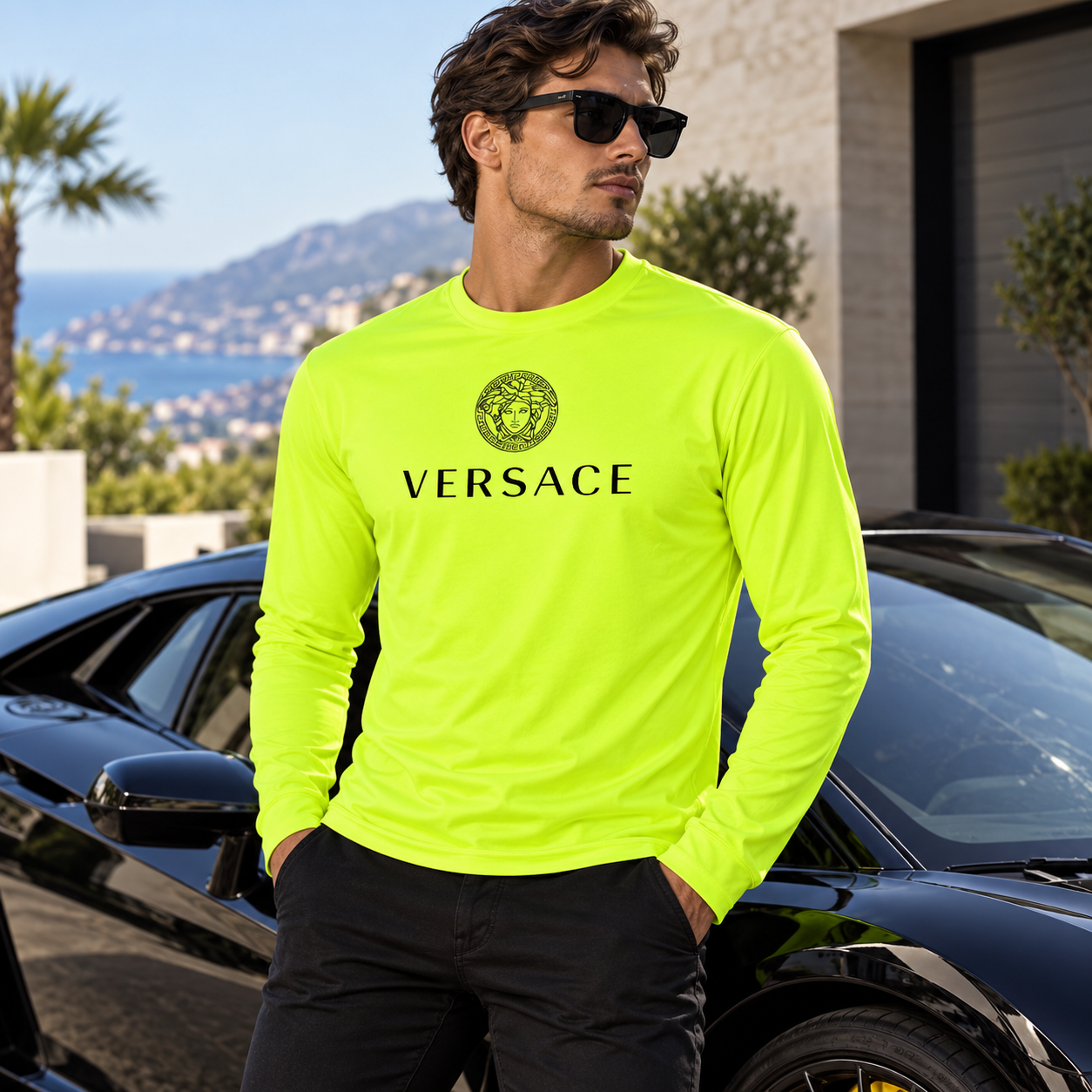 Men's Versace Polyester Long Sleeve T-Shirt | Color: Safety Yellow | Image 4