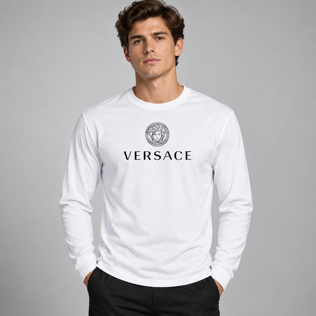 Men's Versace Polyester Long Sleeve T-Shirt | Color: White | Image 2