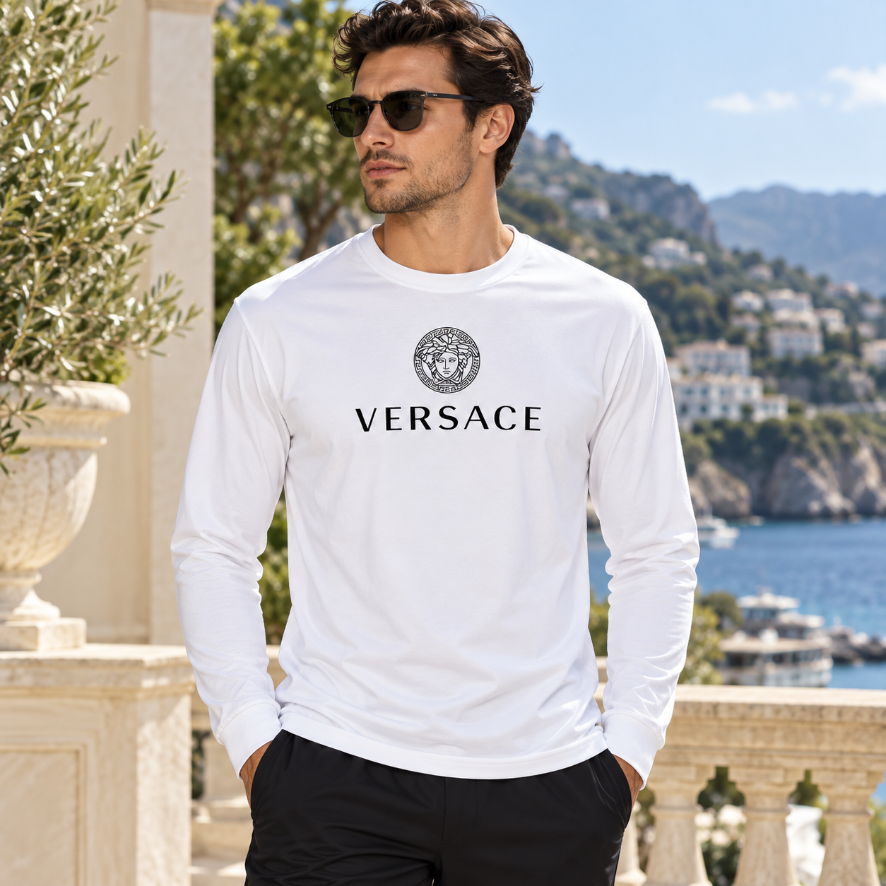 Men's Versace Polyester Long Sleeve T-Shirt | Color: White | Image 3