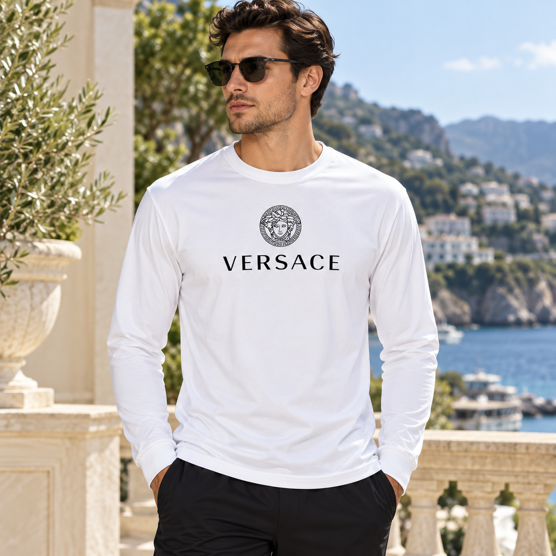 Men's Versace Polyester Long Sleeve T-Shirt | Color: White | Image 3