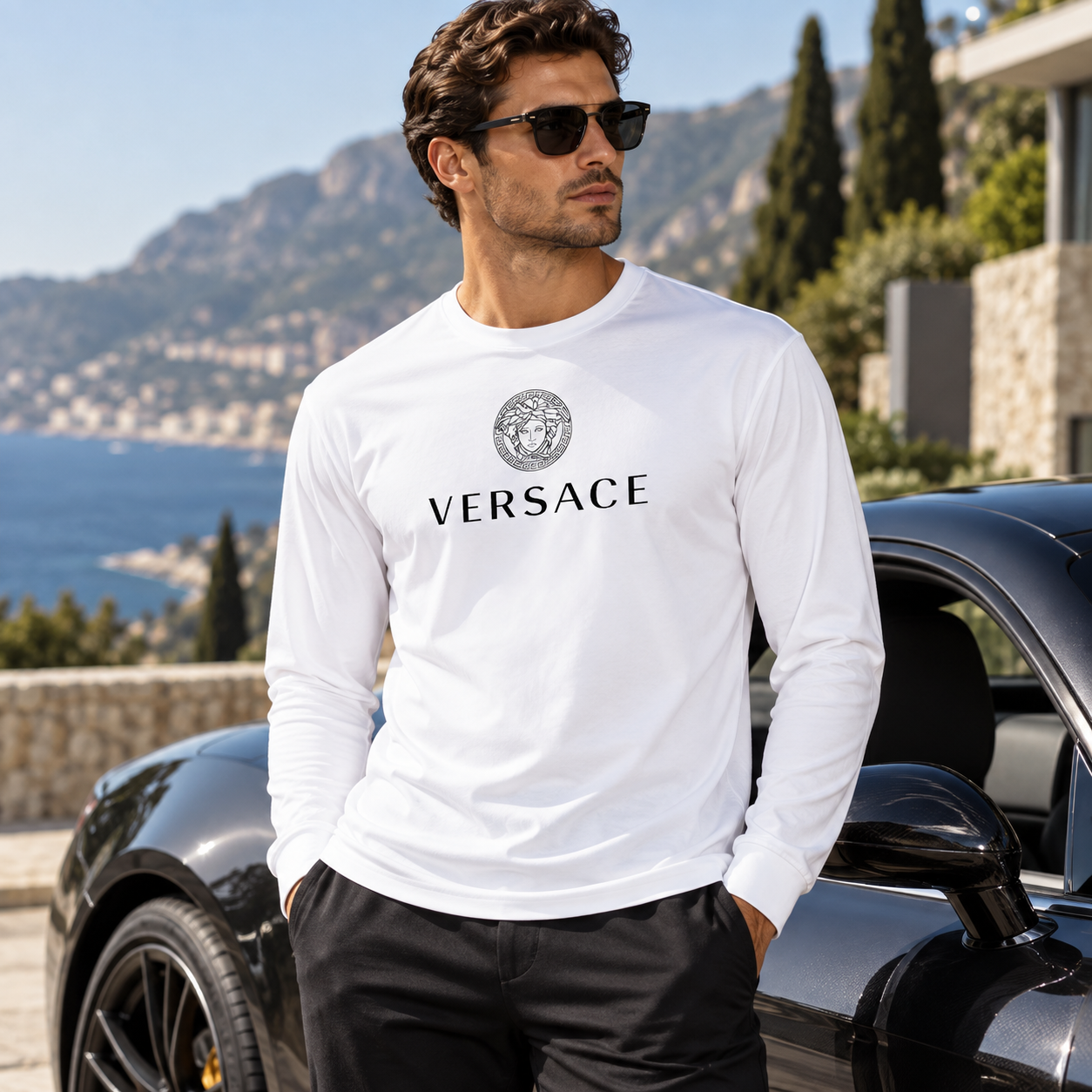 Men's Versace Polyester Long Sleeve T-Shirt | Color: White | Image 4