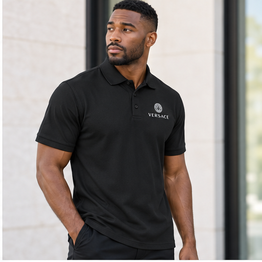 Men's Versace Polyester Polo | Color: Black | Image 3