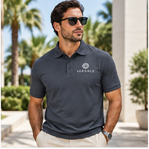 Men's Versace Polyester Polo | Color: Charcoal | Image 2