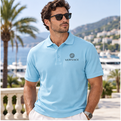 Men's Versace Polyester Polo | Color: Sky Blue | Image 2