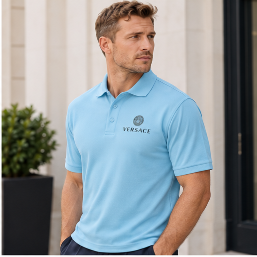 Men's Versace Polyester Polo | Color: Sky Blue | Image 3