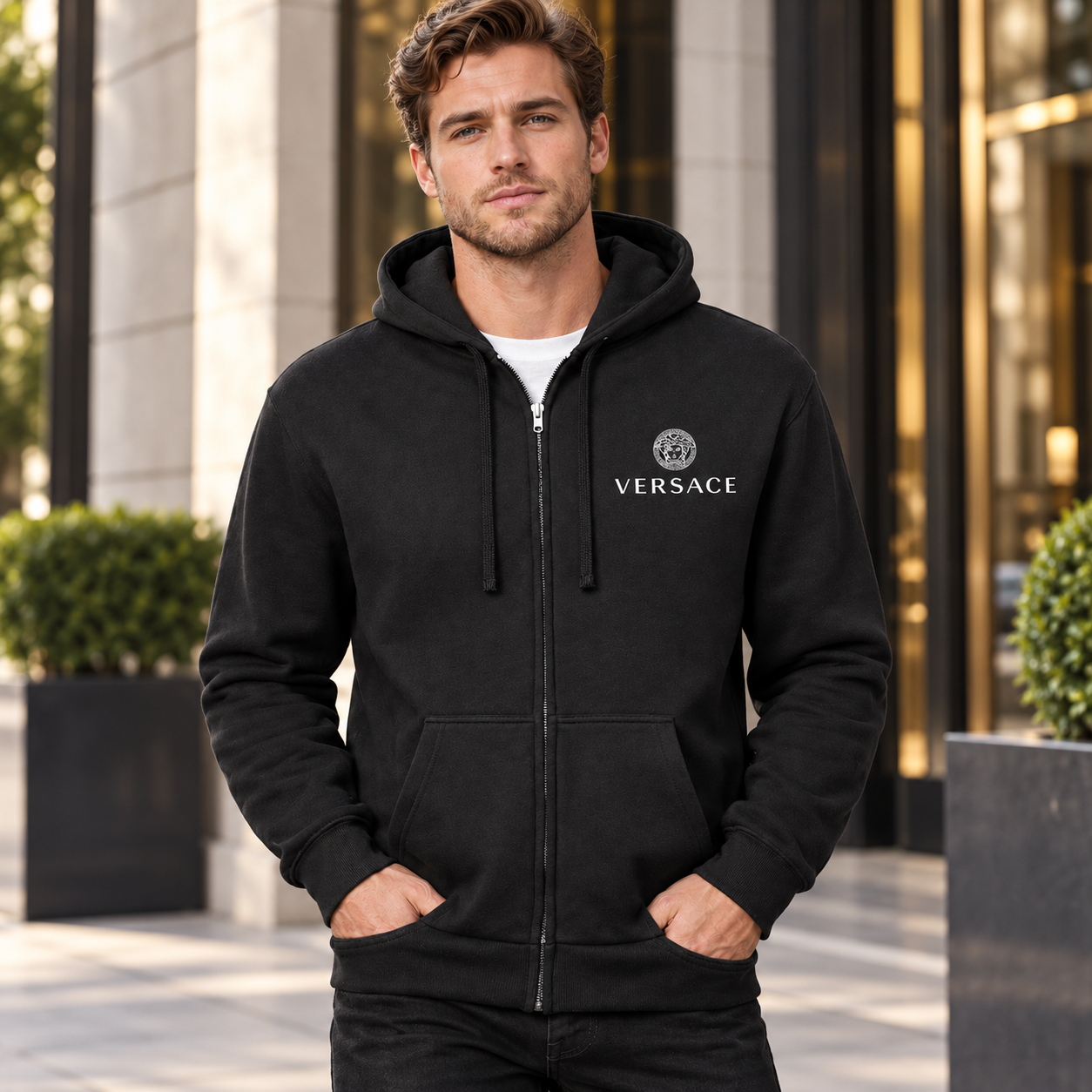Men's Versace Zipper Hoodie | Color: Black | View 1