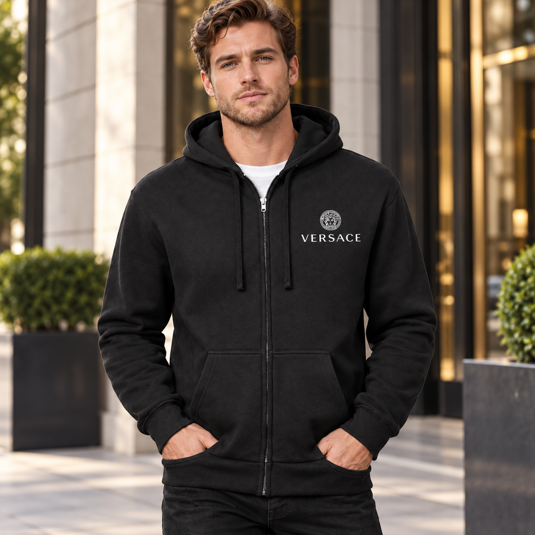 Men's Versace Zipper Hoodie | Color: Black | View 1