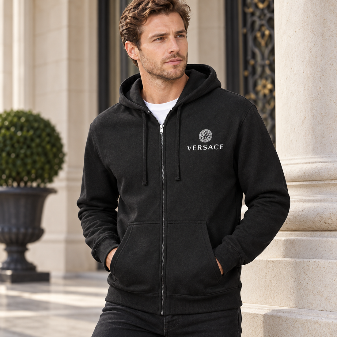 Men's Versace Zipper Hoodie | Color: Black | View 2