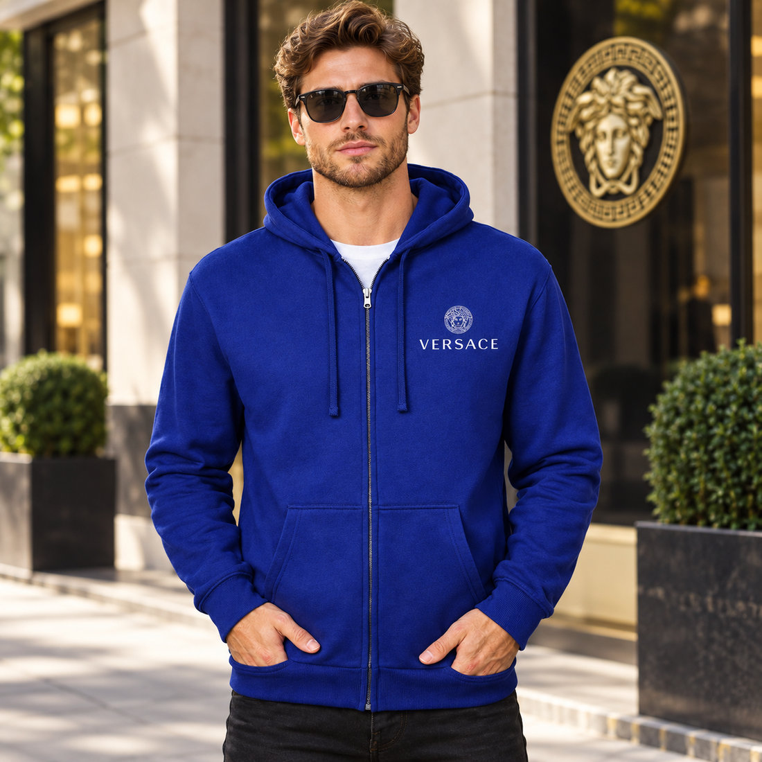Men's Versace Zipper Hoodie | Color: Blue | View 1