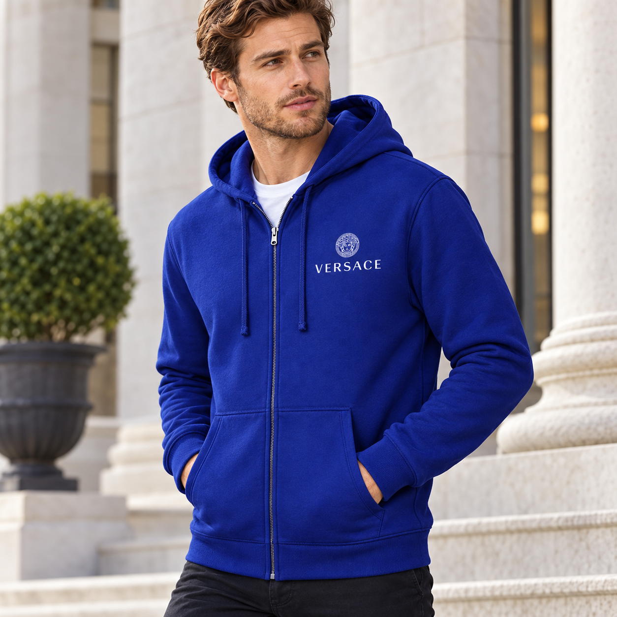 Men's Versace Zipper Hoodie | Color: Blue | View 2