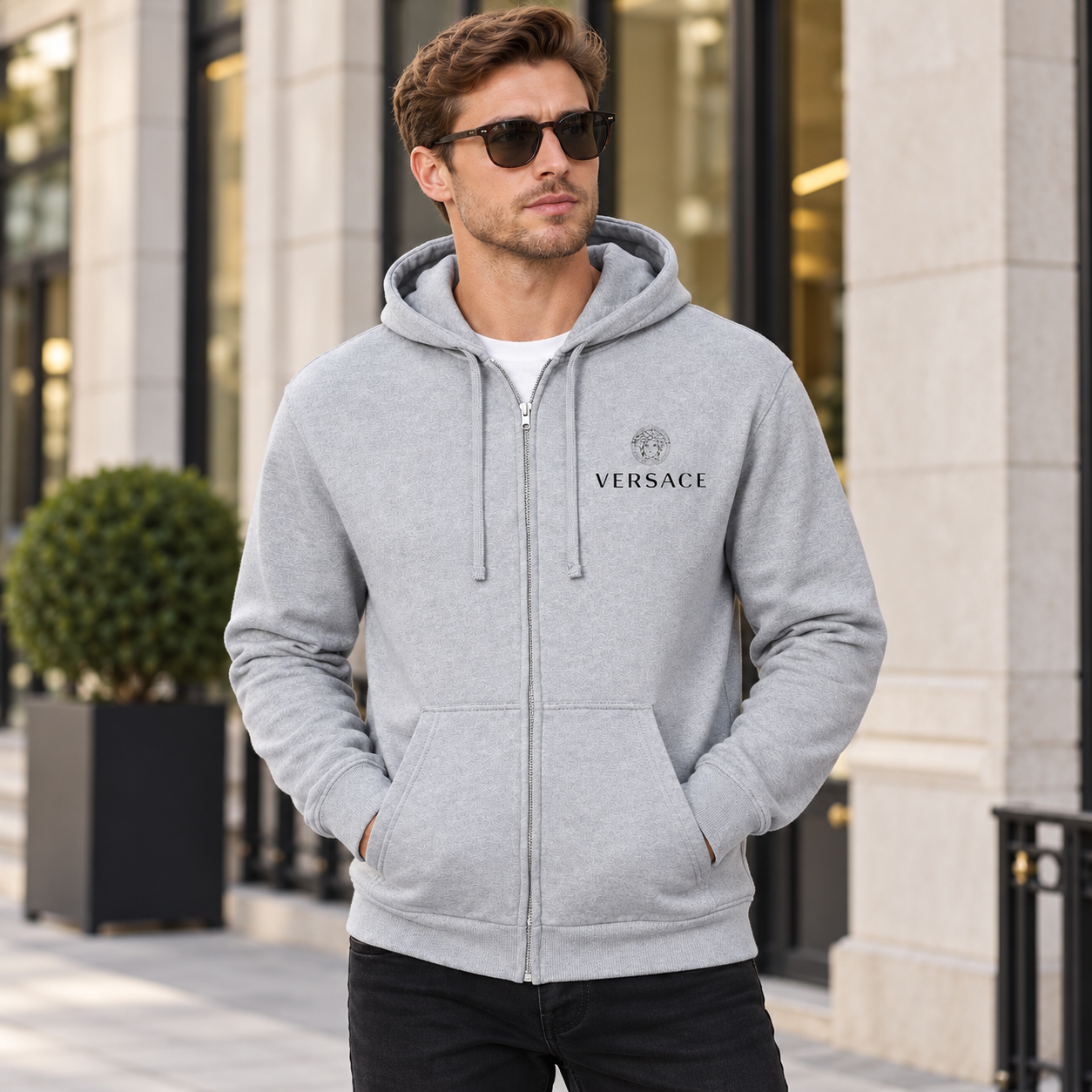 Men's Versace Zipper Hoodie | Color: Grey | View 1
