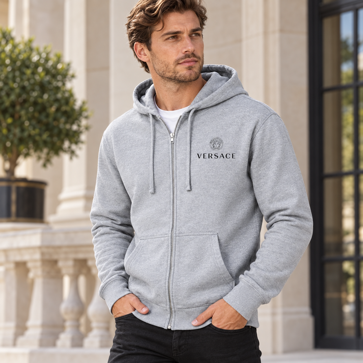 Men's Versace Zipper Hoodie | Color: Grey | View 2