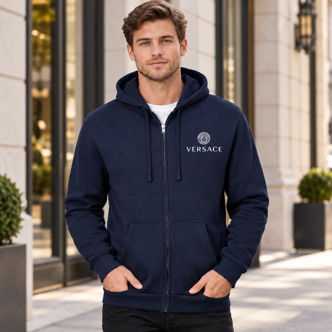 Men's Versace Zipper Hoodie | Color: Navy | View 1