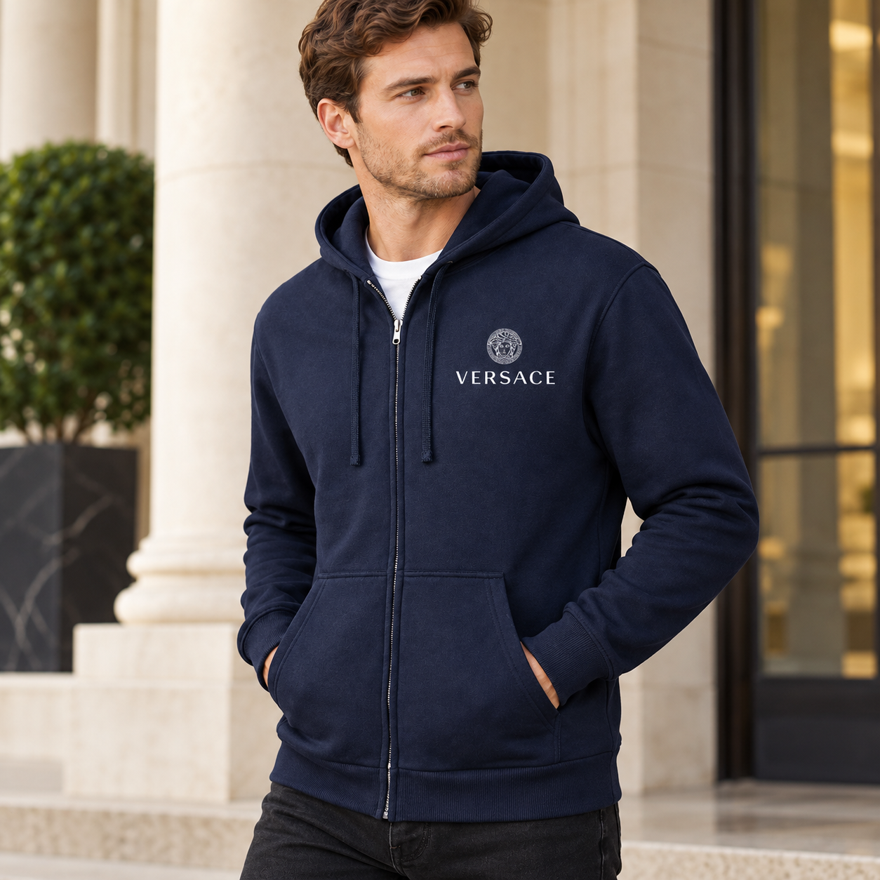 Men's Versace Zipper Hoodie | Color: Navy | View 2